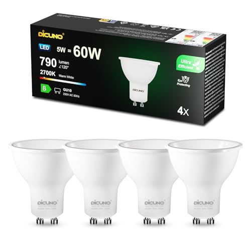 DiCUNO Lampadina LED GU10 5W, Classe B di efficienza energetica, 60W equivalenti, 790lm, Bianco caldo 2700K, Faretto LED GU10 non dimmerabile, fascio largo 110°, 4 Pezzi