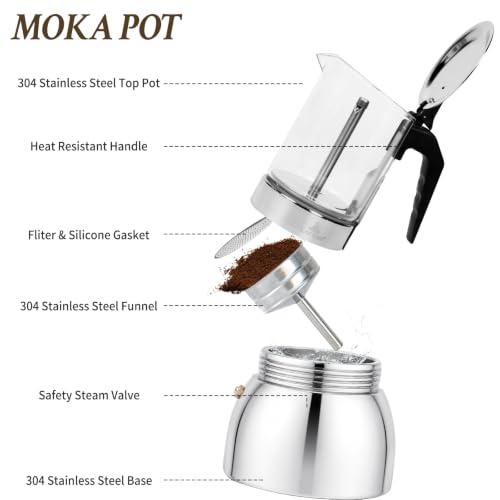 Image of LAOION Stovetop Espresso Maker, 9Cup 360ml Moka Pot, Cuban Coffee Make | Crystal Glass-top & Stainless Steel Coffee Maker Mocha Pot, Greca De Cafe, Cuban and Italian Coffee Maker for Cafetera Cubana