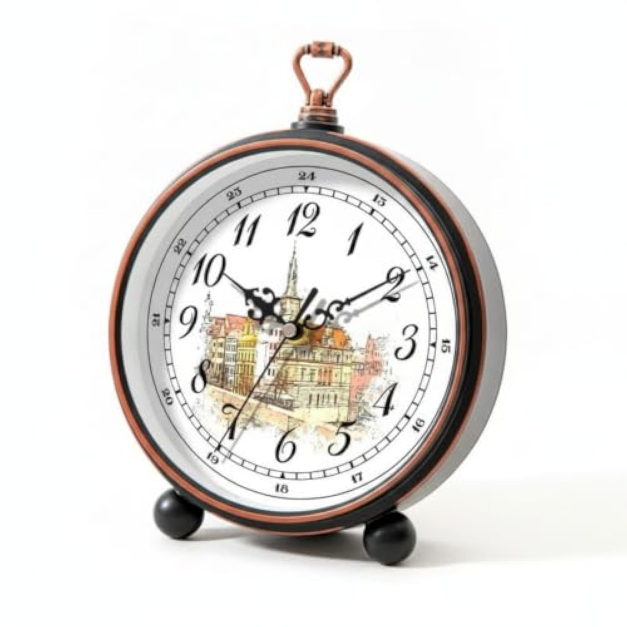 Copper-Toned Vintage Analog Clock with Black Gold Castle Design
