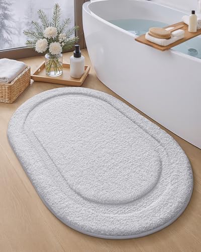 Image of Color&Geometry Oval White Bathroom Rugs 32x20, Extra Soft Absorbent Microfiber Bath Rugs, Non-Slip Bathroom mat, Washable Plush Bath Mats for Bathroom, Shower, Bathtub, Laundry, White