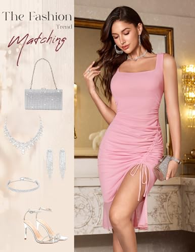 Image of HomRain Mesh Bodycon Dress for Women Square Neck Sexy Ruched Elegant Cocktail Party Midi Dresses