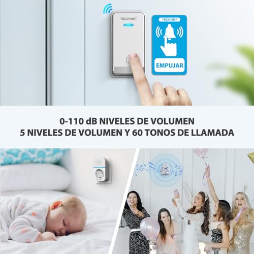Miniatura 5 de Tecknet Timbre Inalámbrico Con Enchufe Timbre Impermeable Para Puerta, 60 Melodías Rango De 400m De Distancia Timbre Para Casa, 5 Niveles De Volumen, No Necesita Batería