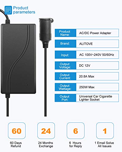 Alitove Ac To Dc Converter 110V To 12V Converter 20.8A 250W With Car Cigarette Lighter Socket 100V~240V Ac To Dc 12 Volt 20A 18A 15A Power Supply Adapter For Car Refrigerator Tire Inflator Cleaner #TOP1