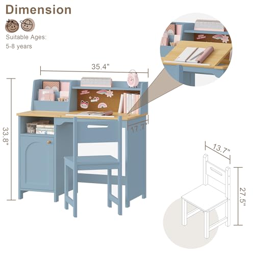 Image of Treocho Kids Study Desk and Chair Set, Kids Desk with Hutch and Tiltable Desktop for 3-8 Years Old, Wooden Children Study Table with Storage Cabinet, Student Writing Desks Bedroom, Home School, Blue