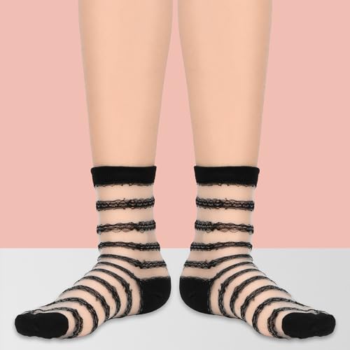 Image of Lusofie 5 Pairs Sheer Black See-Through Socks - Checkered Dot Striped Plaid Ankle Summer Socks for Women - Thin Fashion