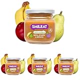 Smileat - Tarrito de Frutas Ecológicas con Pera, Ciruela y Plátano para peques +6 Meses - Sin Azúcar Añadido, Sin Sal, Sin Leche, Sin Huevos - 130g (Paquete de 4)