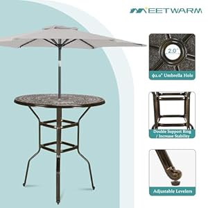 MEETWARM Patio Height Bar Table 385 Bar Height Bistro Table Outdoor Cast Aluminum Bistro Round High Top Dining Table with 2 Umbrella Hole for Garden Deck Backyard Dark Bronze