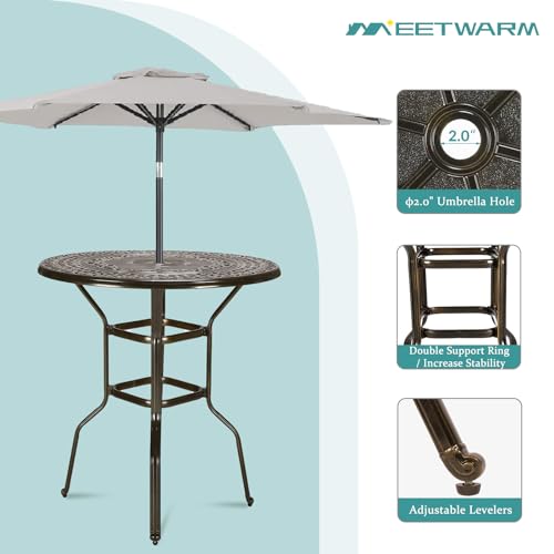 MEETWARM-Patio-Height-Bar-Table-385-Bar-Height-Bistro-Table-Outdoor-Cast-Aluminum-Bistro-Round-High-Top-Dining-Table-with-2-Umbrella-Hole-for-Garden-Deck-Backyard-Dark-Bronze MEETWARM Patio Height Bar Table 385 Bar Height Bistro Table Outdoor Cast Aluminum Bistro Round High Top Dining Table with 2 Umbrella Hole for Garden Deck Backyard Dark Bronze