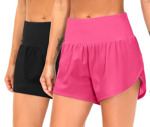 THE GYM PEOPLE 2 Pack Womens High Waisted Running Shorts with Zipper Pockets Liner Quick Dry Athletic Workout Shorts