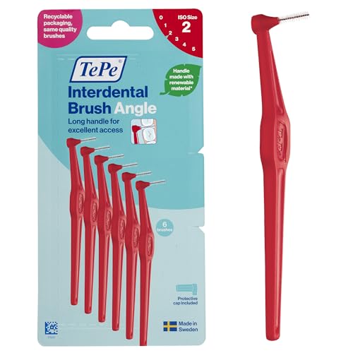 TePe Interdental Brush Angle, Red, 0.5mm/ISO 2, 6pcs, Interspace Cleaning, Plaque Remover for Teeth with Narrow Gaps, ensures Strong Gums and Teeth, Carton Pack