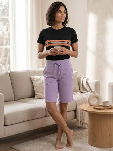 Image of Enamor Mid Rise Knee Length Drawstring Closure City Shorts for Women - Slim Fit, Soft and Breathable Cotton - E044