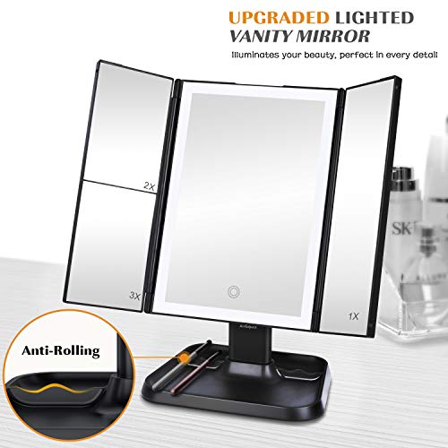 Makeup Mirror Vanity Mirror with Lights - 3 Color Lighting Modes 72 LED Trifold Mirror, Touch Control Design, 1x/2x/3x Magnification, Portable High Definition Cosmetic Lighted Up Mirror (Black) - Thumbnail 7