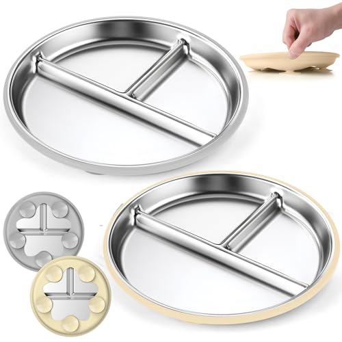Image of OVV Stainless Steel Kids Plates (2 Pack) – 9 Inch Toddler Divided Plates with ﻿Removable Silicone Sleeves & 5 Suction Cups Baby Self Feeding | Mess-Free Mealtime | Dishwasher Safe