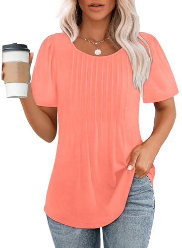 Womens Tops Dressy Casual Short Sleeve Summer T Shirts Pleated Blouses Beach Vacation Clothes Fashion Clothing Coral L