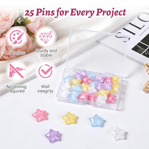 Image of 25 Pcs Decorative Thumb Tacks, Cute Decorative Push Pins for Wall Bulletin Board & Cork Board, Resin Star Push Pins for Office Home School-5 Colors (Luminous Star)