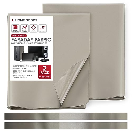 JJ CARE Faraday Tela 44 x 39 pulgadas [Pack de 2] Tela de protección EMF de grado militar con cinta de Faraday de 1.0 x 24.0 in, tela de protección EMF, anti radiación, aislamiento EMI, WiFi y bloqueo de señal celular