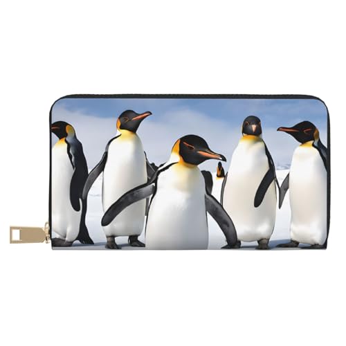Leather Wallet for Women Ladies Novelty Printed Around Zipper Long Wallet Phone Purse Credit Card Holder, Penguin