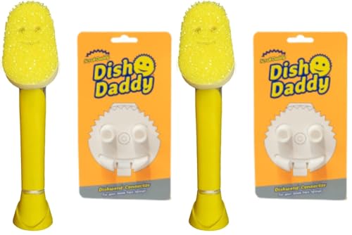 Image of Scrub Daddy Dish Daddy Wand & Connector Head, Soap Dispensing Dish Brush, Texture Changing Washing Up Sponge With Liquid Handle, Handle Sponge with Built-in Scraper, Scrubbing Head & Stand - Yellow