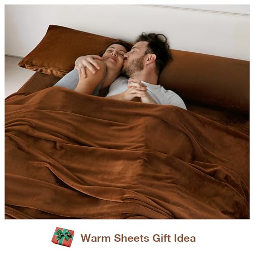 Image of Viviland Microfleece Full Bed Sheet Set, Brown | Soft Flannel-like Fleece, 100% Polyester, Fluffy Velvety Feel, 200GSM, 15 inch Deep Pocket, Warm Winter Gift & Decor