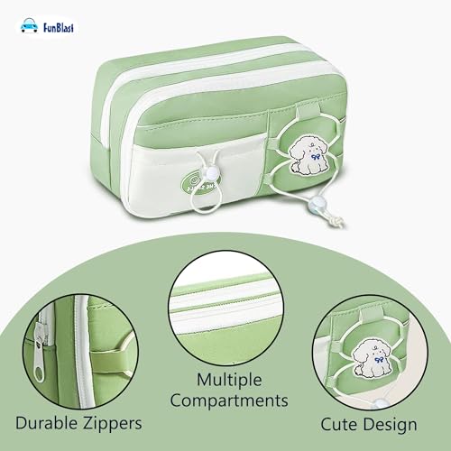 Image of FunBlast Pencil Pouch for Girls - Aesthetic Multi-Compartment Zipper Pouch with Drawstring Pocket, Cute Kawaii Pencil Case, Stylish Stationery Pouch, Return Gift for Kids & School Use (Green2)