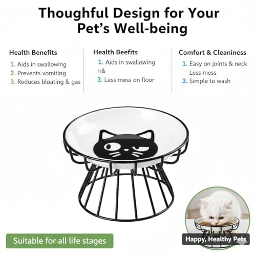 Image of Elevated Cat Plate Set - Whisker Friendly Anti-Vomit Shallow Ceramic Raised Cat Plates with Metal Stand, Anti-Slip Feeding Station Cat Bowls for Indoor Whisker Friendly