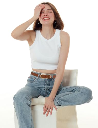 Womens Belts for Jeans Pants, Casual Leather Waist Dress Belt with Gold Buckle 0.91" Width, Ladies Fashion Belts2