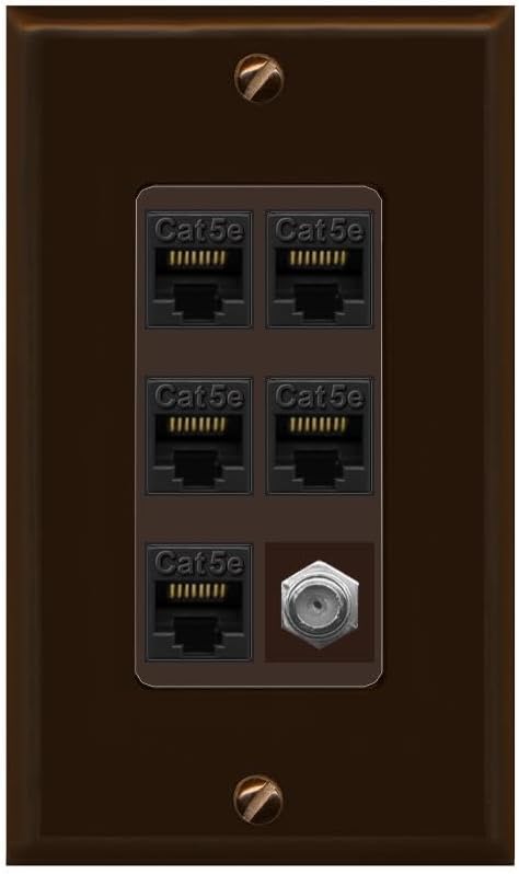 RiteAV 5 Port Cat5e Ethernet and 1 x Coax Wall Plate - 1 Gang Decorative [Stainless/White]