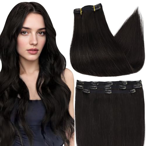 Image of Full Shine Black Clip in Extensions Real Human Hair | Natural Clip in Hair Extensions, for Black Women, Soft Natural Look, 16 Inch 3 Pcs 60g