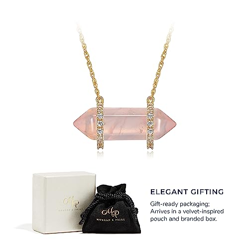 Morgan & Paige Rose Quartz Crystal Necklace For Women - 18K Yellow Gold Plated Sterling Silver Cubic Zirconia Healing Chakra Point Healing For Teens And Girls, 16 Inch With 2 Inch Extender #TOP5