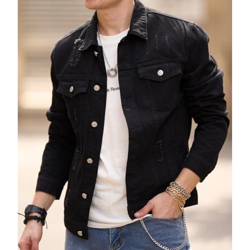 Denim Jacket for Men Ripped Holes Button down Denim Jacket Classic Casual Slim Fit Long Sleeve Fashion Solid Jackets2