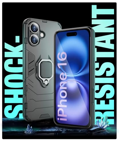 Image of WOW IMAGINE Shock Proof Back Case Mobile Cover for iPhone 16 | Back Cover Case (Tough Armor | Hybrid PC + TPU | Ring Holder & in-Built Kickstand | Black)
