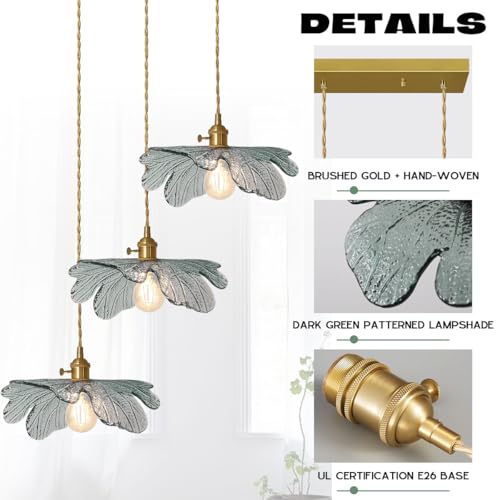 Auwieou 3-Light Gold Brass Adjustable Chandelier Lighting Dark Green Leaf Glass Pendant Dining Room Light Fixtures E26 Cluster Hanging Light for Kitchen Bathroom Cafe Restaurant by Auwieou - Used condition - Image 6