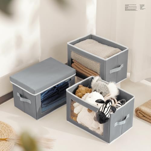 Image of Homsorout Stackable Storage Bins with Lids - Medium Storage Box with Lids, Foldable Closet Boxes for Organizing, Wardrobe Clothes Organizer with Window, Cubes Bins for Living Room, 5 Pack, Grey