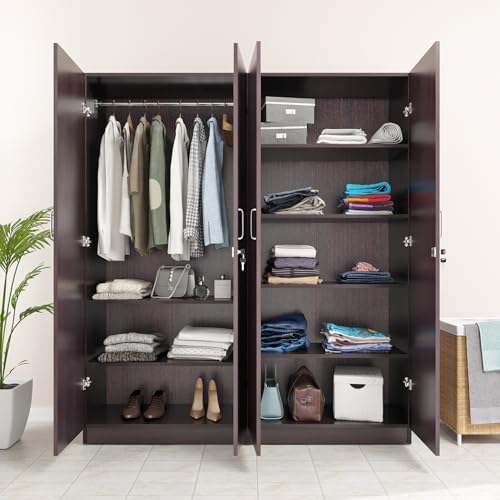 Image of VIKI Wardrobe | Wooden Almirah for 4 Door Shelves & Hanging Space Wardrobe (Dark Wenge - 40D x 160W x 180.8H) | 1 Year Warranty | Free Assembly