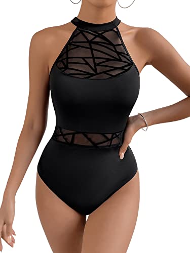 GORGLITTER Damen Mesh Body Neckholder Body Sexy Body Top Schwarz Netzstoff...