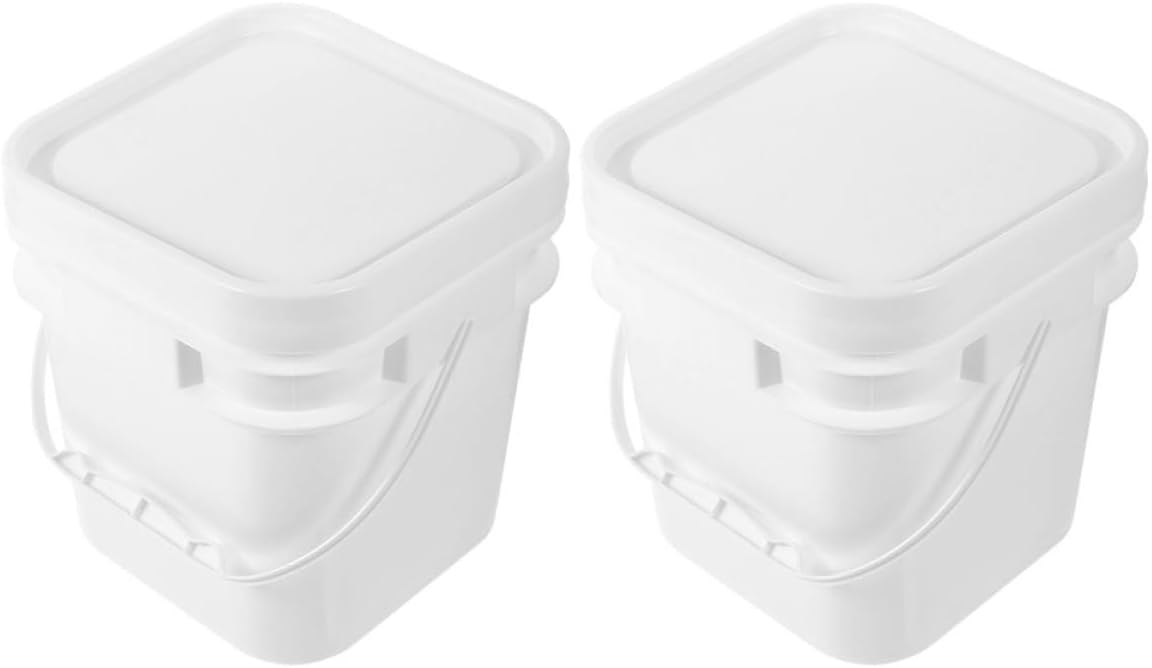 Toddmomy 2pcs 1-Gallon White Abs Plastic Buckets with Lid, Square 5-Liter Paint Containers, Wide Mouth Paint Storage Pails with Handle for Painting and Chemical Use