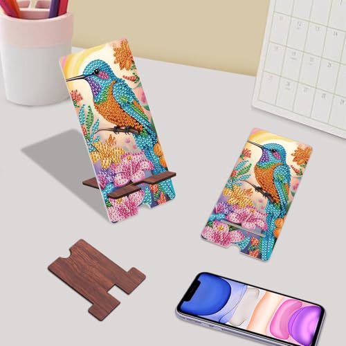 Image of Hummingbird Diamond Painting Phone Stand with Mirror, Floral DIY Wooden Diamond Art Desktop Holder, 2-in-1 Multi-Functional Diamond Painting Tabletop Ornament for Home and Office