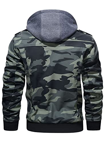 Image of HOOD CREW Men's Casual Stand Collar PU Faux Leather Zip-Up Motorcycle Bomber Jacket With a Removable Hood