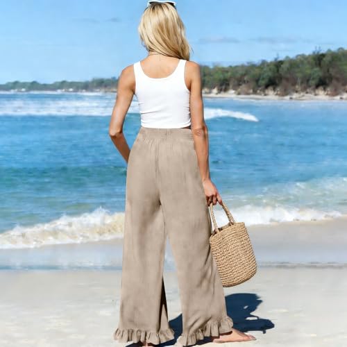 Image of Palazzo Pants for Women Linen Smocked Elastic Waist Ruffle Wide Leg Pants Summer Beach Flowy Boho Pant with Pockets
