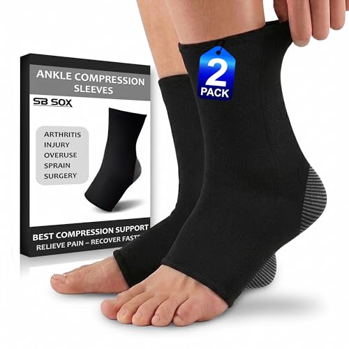 SB SOX Compression Ankle Brace (1 Pair) – Ankle Support Sleeve for Men & Women – Relief for Achilles, Sprains, Plantar Fasciitis (Solid Black, Large)