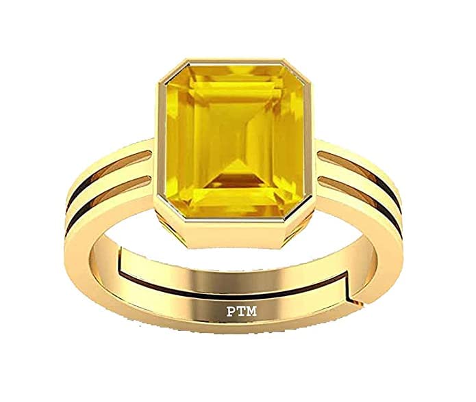 8.00 Ratti 7.50 Carat Natural Yellow Sapphire Pukhraj Gemstone Panchdhatu Adjustable Gold Plated Ring Astrological Purpose for Men and Women (Lab Certified)