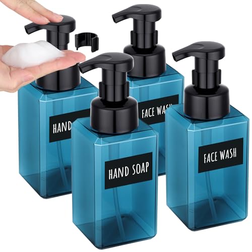 Image of Segbeauty Plastic Foaming Bathroom Countertop Soap Dispensers 15.2oz, 4pcs Refillable Foaming Pump Bottles Empty, 450ml Square Travel Foam Bottle, Shampoo Foam Soap Dispenser Pump Containers Blue