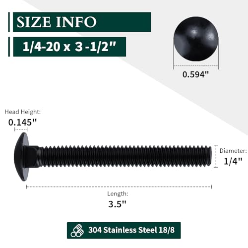 Image of 1 /4-20 x 3-1 /2 inch Black Steel Carriage Bolts, 304 Stainless Steel 18-8, Round Domed Head Square Neck Carriage Bolts Screws, Coarse Thread UNC, 10 PCS