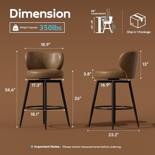 Image of 26 inch Brown Bar Stools Set of 2, Swivel Kitchen Island Chairs
