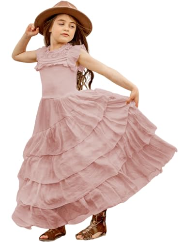 Girls Boho Cap Sleeve Elegant Linen Flower Round Neck Tiered Ruffle Swing Summer Wedding Party Maxi Dress