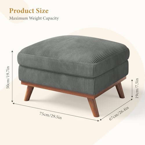 Image of Vesgantti Large Ottoman for Modular Sofa, 29.5 inch Corduroy Ottoman with Spring Cushion, Rectangle Foot Rest for Couch, Entrance Footstool with Wood Legs, Footstool for Living Room, Bedroom, Dark Gray