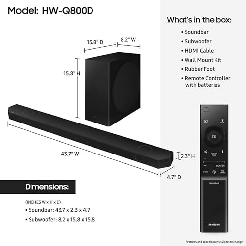 Image of Samsung Q800D 5.1.2ch Soundbar w /Wireless Dolby Atmos Audio, Q-Symphony, SpaceFit Sound Pro, Adaptive Sound, Game Mode Pro with Alexa Built-in, HW-Q800D /ZA