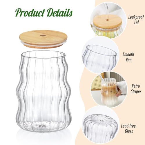 Image of Creative Glass Cups with Lids and Straw - 500ml,Set of 1, Wave Shape Cute Drinking Tumblers Ribbed Cups Vintage Ripple Glassware for Cocktail Juice Iced Coffee Tea Soda Milk