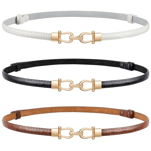 Image of JASGOOD Leather Skinny Belts for Women Plus Size Ladies Thin Waist Belts Adjustable for Jeans Pants Dresses with Gold Buckle