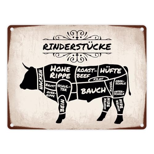 Rinderstücke BBQ Beef Fleischstücke Metallschild in 15x20 cm Blechschild für den Grill als Dekoration für Grillfans und Fleischesser